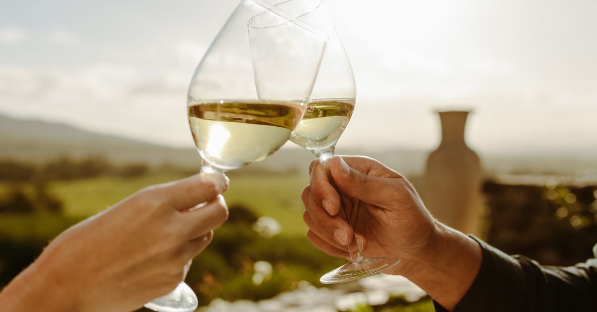 Two people cheersing with white wine